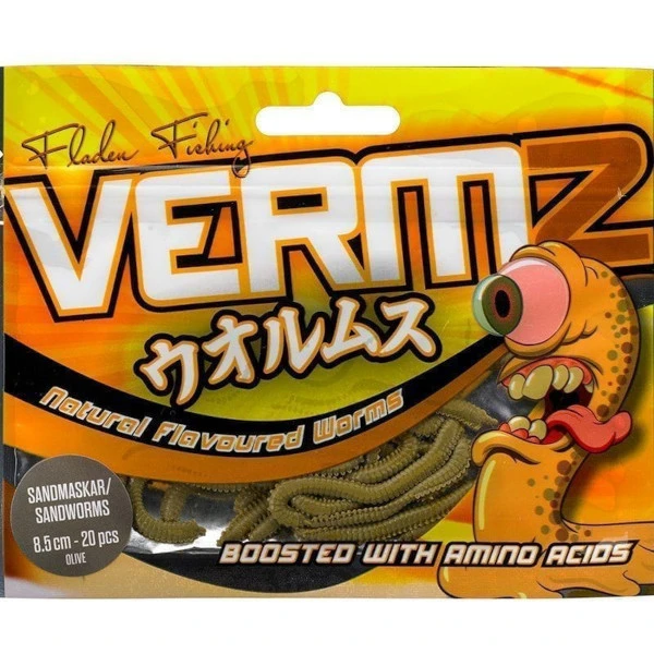 Fladen Vermz Sandworm Natural Olive 8,5cm (20 Stuks) 1 Fladen Vermz Sandworm Natural Olive 8,5cm (20 Stuks)